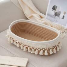 1pc Simple Tasseled Storage Basket, Handwoven Entryway Tabletop Organizer Basket, Cosmetic Storage Basket, White Tasseled Storage Basket