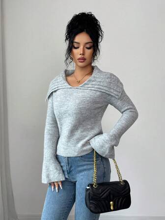 Women's Fashionable Casual Solid Color Flared Cuff Long Sleeve Sweater
