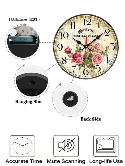 Pc 10 Inch/12 Inch Silent Non Ticking Wooden Wand Klok Vintage French Bloemen view 5