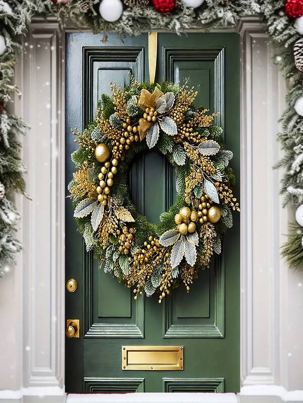 1 Stück Festlicher Goldener Weihnachtskranz, ein luxuriöser Kranz-Dekor mit zarten goldenen Beeren- und Blattdetails, ein auffallender Türhänger, geeignet für Haustüren, Veranda-Dekorationen und Party-Hintergründe, perfekt für Weihnachtsfeiern, Feiertage und winterliche Festlichkeiten (90x180cm).