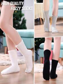 6 Pairs Kids' Solid Color Half Fleece Warm House Slippers Casual Mid-Calf Socks, Autumn/Winter