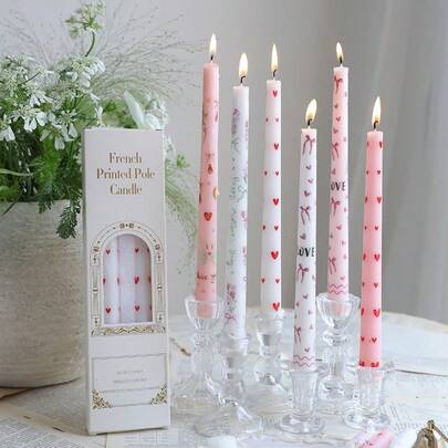 2 Pieces Long-Stem Printed Candle, Romantic European Style, Smokeless And Odorless Candle, Suitable For Home Decoration, Living Decoration, Wedding Decoration, New Year Decoration, Mother's Day Gift, Holiday Decoration, Gift For Girlfriend, Gift For Girl, Valentine's Day Gift, Romantic Candlelight Dinner, Party And Creating A Romantic Atmosphere.