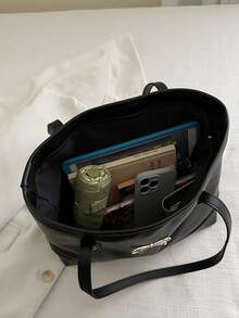 Tas Tangan Kasual Kapasitas Besar Motif Belah Ketupat Warna Solid dengan Pita, Tas Tote Minimalis Bergaya, Model Baru 2025 - Hitam - View 5