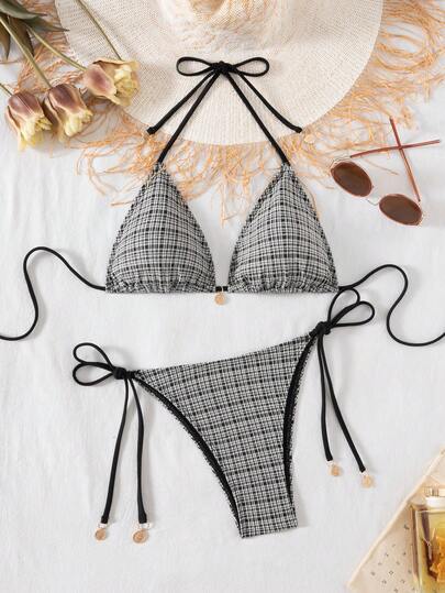 时尚格子金属装饰露背系带比基尼套装，适合海滩度假。