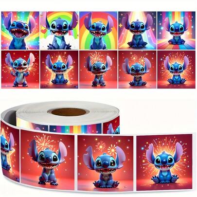 500 pièces Rouleau d'autocollants  Stitch - Motif arc-en-ciel et feux d'artifice, 10 designs de dessins animés uniques, convient pour les enveloppes, les sacs cadeaux, les cahiers, les planches de skate, les bouteilles d'eau, les bagages, les coques de téléphone, les tablettes - Parfait pour le bureau, la maison ou la décoration de cadeaux, adhésif durable