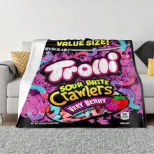 1 buc. Pătură din fleece Trolli Brand Sour Brite Crawlers, pătură mov, pătură pentru ambalarea bomboanelor, pătură drăguță pentru fete, fabricată din flanel, moale la atingere, funcțională caldă, pătură practică pentru dormitor, sufragerie, decor de Crăciun, somn de noapte/picnic la birou