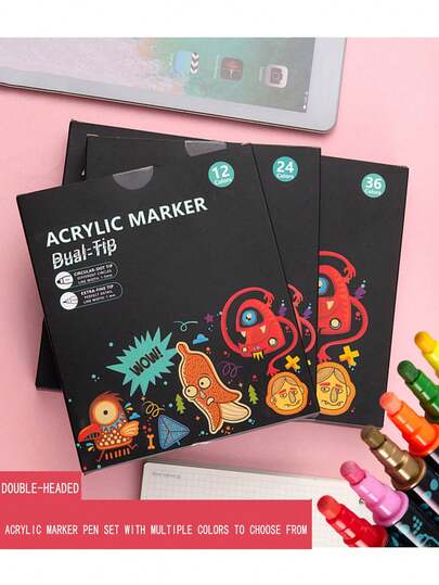 Acrylic Marker Pens & Watercolor Pens Set, 12/24/36 Colors, For Art Painting, Creative Hobbies, Non-Transparent
