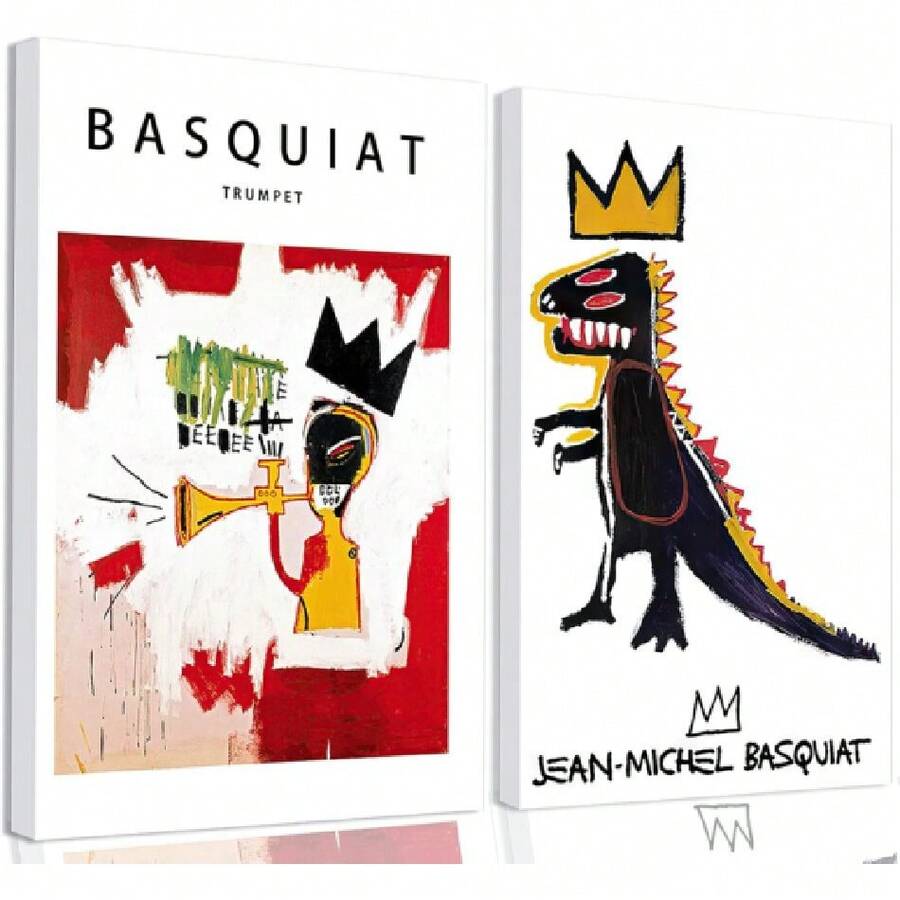 Framed 2Pcs Basquiat Wall Art Canvas Set Jean-Michel Basquiat Graffiti Style Painting Print Modern Abstract Street Art Picture Gallery Canvas Poster For Living Room Bedroom Office Décor 16x24Inch,23776599 - Màu Cam cháy - Xem 1