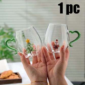 1个，400毫升，圣诞风格玻璃杯，心形手柄，创意咖啡杯，创意手柄，绿色手柄，雪人/花环/圣诞老人/圣诞树，适用于咖啡，果汁，茶，牛奶，饮料，水，绝佳的圣诞礼物，漂亮的杯子，适合家庭和办公室，可热水和冷冻