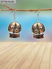 زوج من أقراط أكريليك مبتكرة بتصميم كرة عيد الميلاد وبيت شجرة عيد الميلاد، أقراط كرتونية مسطحة 2D لعيد الميلاد للنساء، هدايا عيد الميلاد والأعياد الشتوية