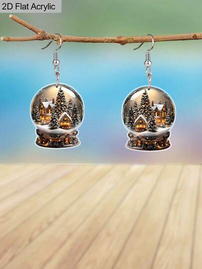 1 Pair Creative Christmas Ball & Christmas Tree House Acrylic Earrings Cartoon Earrings 2D Flat Christmas Earrings Women Fashion Earrings Winter Earrings Holiday Gifts Christmas Gifts
