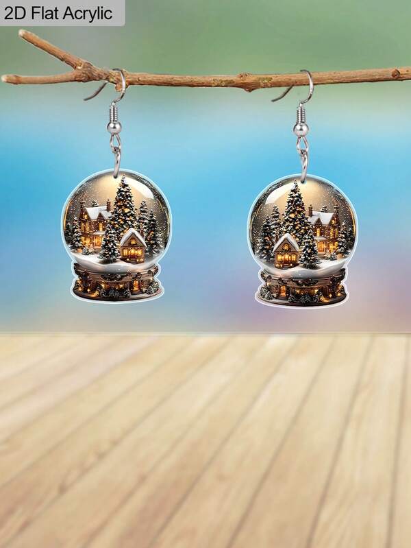 زوج من أقراط أكريليك مبتكرة بتصميم كرة عيد الميلاد وبيت شجرة عيد الميلاد، أقراط كرتونية مسطحة 2D لعيد الميلاد للنساء، هدايا عيد الميلاد والأعياد الشتوية