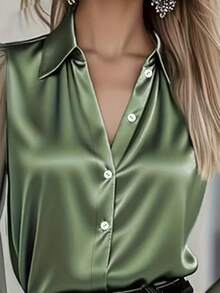 1 pezzo Camicetta elegante da donna in raso a tinta unita con bottoni frontali, con inserti in rete, manica lunga, adatta per ufficio, vacanza, casa, uso quotidiano, festival, tutte le stagioni - Verde - Visualizzare 4