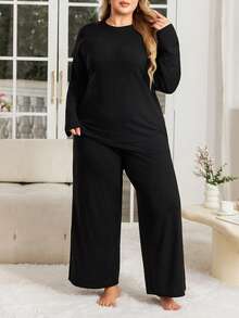 2-delat plusstorleksset för kvinnor, långärmad t-shirt och vida byxor, höst/vinter - Svart - Visa 2
