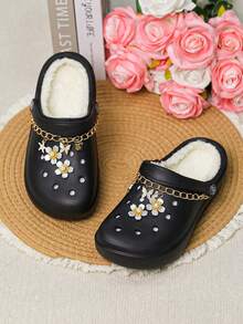 CIVHOM 女士冬季毛绒内衬一脚蹬木屐 - 非 EVA 拖鞋 室内/室外家居鞋，舒适织物衬里 - 黑色 - 查看 2