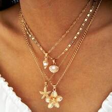 4pcs Elegant And Sexy Metal Starfish Flower Shell Pendant Necklace Set With Geometric Chain Jewelry, Perfect For Daily Wear Or Parties - Ideal Holiday Gift For Women, Versatile Autumn/Winter Fashion Accessory - Vàng - Xem 1