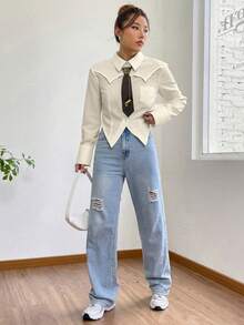 Women's Striped/White/Black Asymmetrical Hem Shirt With Tie: It Combines Vintage Western, Retro, And Casual Styles, And Is Very Suitable For Fashionable Women In Daily And Dating Occasions, As Well As For Students Returning To School And Campus Parties. - 杏色 - 查看 6