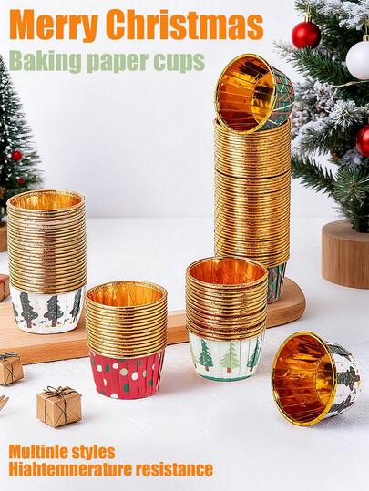 50 piezas Tazas de papel con tema navideño para pasteles, magdalenas, cupcakes para repostería. Tazas de papel, cajas para cupcakes, resistentes al agua y al aceite, moldes para pasteles, postres, hornear magdalenas, chiffon, mousses. Tazas de cupcakes de aluminio resistentes a altas temperaturas, bandejas para hornear pasteles y panes adecuadas.