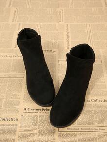 法式英伦风弹力踝靴,高跟踝靴,秋冬新款粗跟踝靴,时尚百搭优雅舒适侧拉链设计踝靴,女鞋,靴子 - 黑色 - 查看 4
