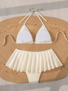 Elegant Sexy Halter Bikini Set - Unique Fabric Ruffled Skirted Bottoms Timeless Women's Swimwear Vacation Beach - Apricot - View 3