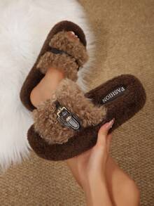 Pantofole aperte e soffici vintage per donna, con decorazione in metallo a fibbia, calde ciabatte di pelliccia per interno/esterno, adatte per autunno/inverno