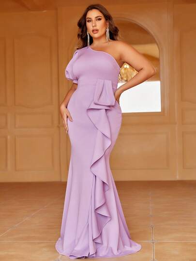 Women's Plus Size One-Shoulder Short-Sleeved Knitted Party Gown – Off-The-Shoulder Slant Neckline, Bubble Sleeve Accent, Ruffled Mermaid Skirt & Form-Fitting Silhouette,Ideal For Dinners, Weddings & Formal Events