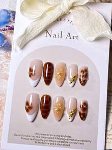 10pcs Handmade Almond-Shaped Burgundy French Tip Gold Asymmetrical Line Decor 3D Starry Nail Art Stickers, Sophisticated & Fashionable Nails Nail Supplies Handmade Press On Nails - Multicolor - View 2