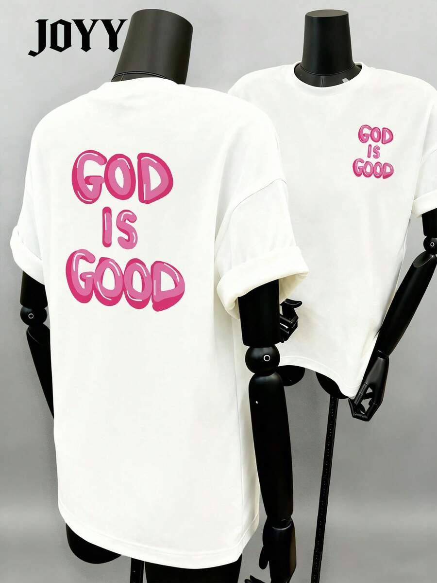 JOYY “上帝真好”基督教女式圆领短袖T恤，宽松舒适上衣，粉色字母双面印花，简约休闲服饰