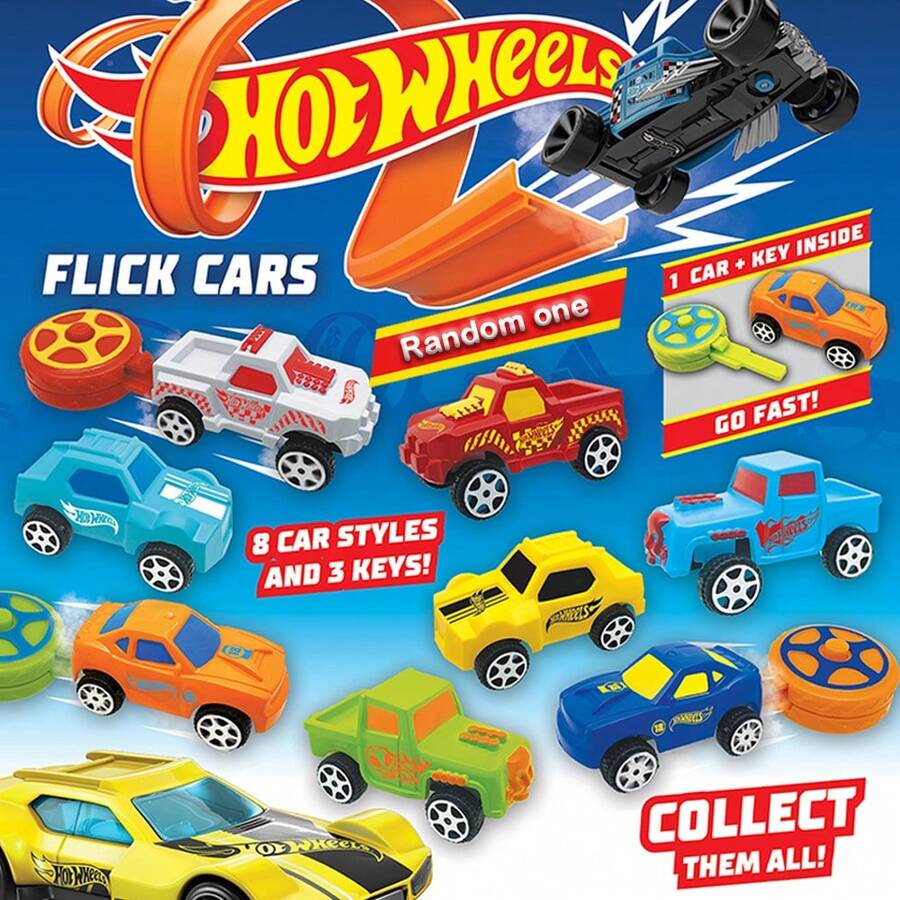 Mattel 1 Bolsa ciega con 1 coche Flick Car de Hot Wheels con licencia oficial, que incluye 1 coche y 1 llave mini de metal con efecto rebote. Paquete sorpresa con 8 coches y 3 estilos de llaves, un set coleccionable de vehículos para regalo de cumpleaños o recuerdo de fiesta