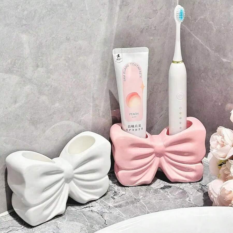 Pink Bow Ceramic Holder - Butterfly Toothbrush Holder, Makeup Brush Organizer And Decorative Storage - Pink Bow Bathroom Decor And Vanity, Desk Or Girls Room Accessories - 淺粉色 - 查看 1