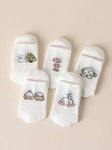 5 Pairs Women's Autumn Mid-Calf Socks, Cute Animal Design, Versatile White Socks, Skin-Friendly Soft & Breathable
