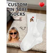 1 Pair Custom Face Socks With Photo - Personalized Mid-Calf Socks For Couples, Fun & Creative Design, Breathable Polyester/Spandex Blend, Perfect For Valentine'S Day, Birthdays, And Gifts, Cute Socks
