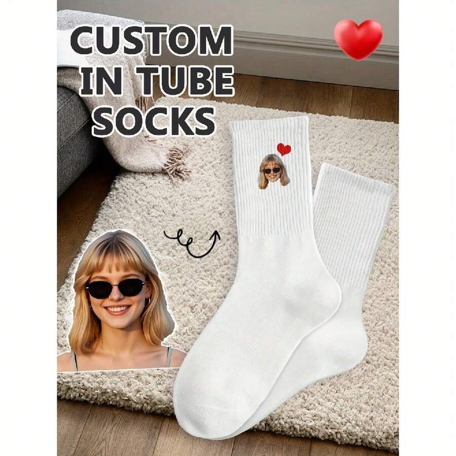 1 Pair Custom Face Socks With Photo - Personalized Mid-Calf Socks For Couples, Fun & Creative Design, Breathable Polyester/Spandex Blend, Perfect For Valentine'S Day, Birthdays, And Gifts, Cute Socks
