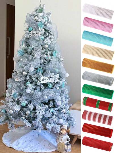 10 Yards Christmas Mesh Ribbon For Wreaths Light Blue Glitter Foil Decorative Mesh Rolls For DIY Wreath Bow Ribbon Christmas Tree Decor Winter Holiday Decor Christmas Decorations For Home 2025 New Year Decorations