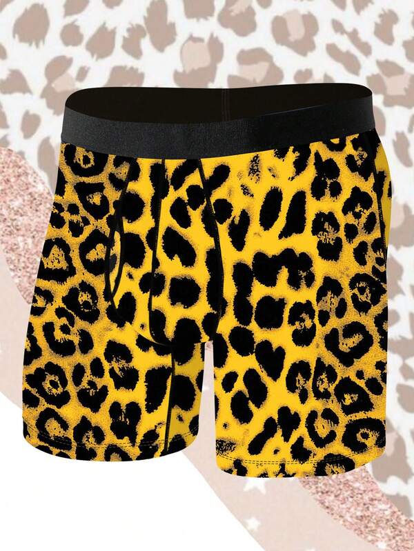 1 paquete de pantalones cortos de novedad para hombres, de tela de poliéster, suave y amigable con la piel, con estampado de boca abierta y estampado de leopardo, con artesanía de cuatro agujas y seis hilos, traviesos y lindos pantalones cortos tipo bóxer para el ocio en casa