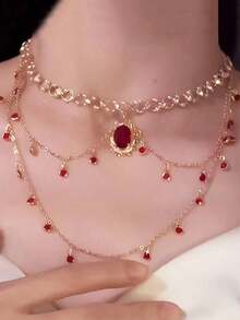 1pc Bohemian Style & Elegant Emerald Green Pendant Necklace For Women, Faux Pearl Oval Pendant Necklace With Sparkle Design, Suitable For Party, Casual Wear And Gift Giving - Ngọc trai - Xem 2