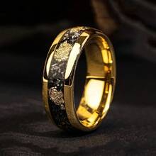 1pc 1pc Fashion 8mm Men Stainless Steel Rings Inlay Meteorite And Golden Leaf Pattern Rings For Men Wedding Engagement Band Jewelry Gift - Gold - View 10