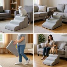 Portable Dog Steps For Bed – Compact 3-Step Foam Stairs (56 X 40 X 35 Cm) – Easy Climbing Aid For Small Dogs, Senior Pets & Injured Animals – Features Detachable Cover & Grippy Base - Grey - View 7