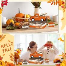 8 Pcs Fall Table Decorations Pumpkin Tiered Tray Decor, Farmhouse Wood Faux Book Stack Truck Sign Rustic Pumpkins Centerpiece Home Kitchen Shelf Autumn Harvest Thanksgiving