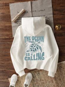 Áo nỉ giữ nhiệt lót trong, kiểu dáng thường ngày, in hình rùa biển và chữ cái, dành cho nữ tuổi teen, thích hợp cho mùa Thu/Đông. - trắng - Xem 3