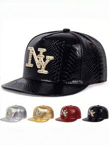 A Men's Hat With The Letters NY And Diamond-Studded Imitation Crocodile Pattern Flat-Brimmed Hat, Fashionable And Versatile Baseball Cap, Rock Dance Hip-Hop Hat, Women's Charming Street Hat, Unisex, Adjustable Head Circumference, Suitable For Daily Use