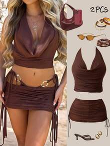 Bộ bikini gợi cảm mới dành cho nữ: Áo hai dây hở lưng, áo buộc dây bên hông, chân váy ngắn buộc dây bên hông, đồ bơi mùa hè. - màu nâu - Xem 5