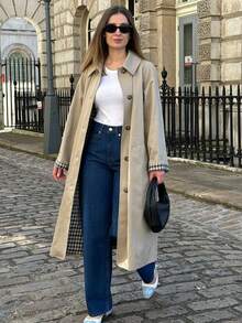 1 件女式纯色前口袋休闲风衣，长袖过膝外套，适合日常穿着，秋冬 - 卡其色 - 查看 5