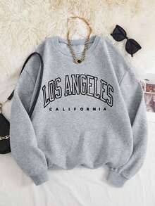 Casual Women's Grey Los Angeles California Print Round Neck Long Sleeve Regular Pullover Sweatshirt - xám đen - Xem 6