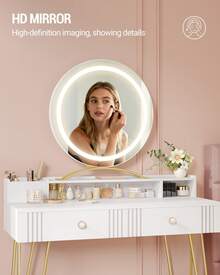 HEXCELEN Dressing Table With Stool And Lighting, Dressing Table With Mirror, 40 * 90 * 140 Cm, Dressing Tables With Drawers, Pink Upholstered Stool, Bedroom, Modern, Matte White And Gold - Phích cắm loại C của EU (220-240V) - Xem 6