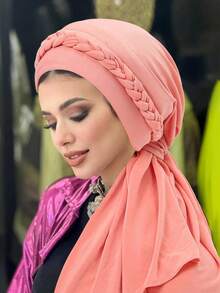 1 件纯色柔软女士系带十字装饰穆斯林头巾围巾（带领带）