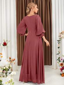 UNITHORSE Pleated Lantern Sleeve Waist Cinched Chiffon Bridesmaid Dress - Redwood - View 3