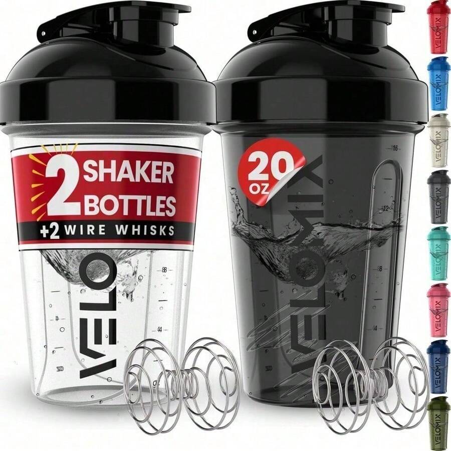 2 Pack 20oz Shaker Bottles With Stainless Steel Balls Leakproof Odor Resistant For Protein Smoothies Gym Travel Halloween Fitness Gift - 黑色/透明 - 查看 1