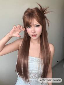 alicegarden 1 Synthetic Heat-Resistant Wig With Bangs, Brown Long Straight Wig, 30 Feet Long, Made Of Fiber, Suitable For Daily Use, Natural Simulation Wig