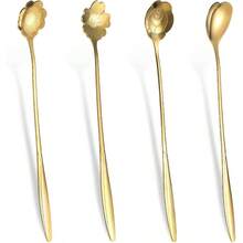 4 Pcs Flower Spoon Coffee Teaspoon ''' Flower Coffee Spoon Drink Stirring Spoon Stir Bar Spoon Long Handle Spoon Retro Dessert Demitasse Espresso Spoons Coffee Tea Dessert - 金色 - 查看 1